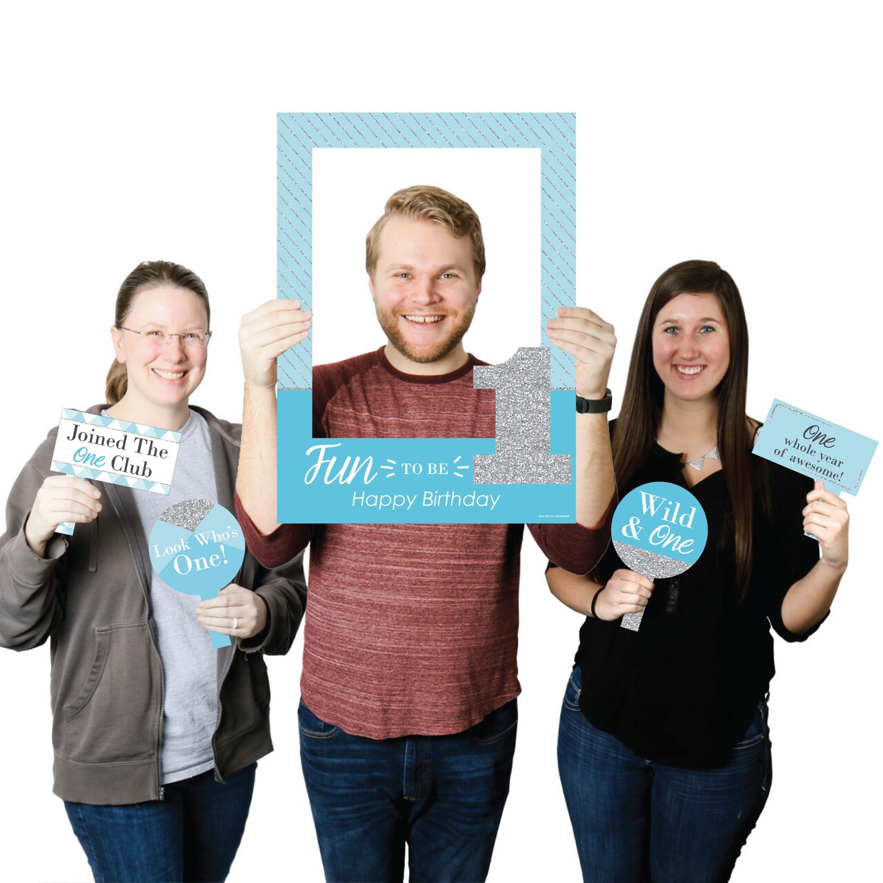Big Dot of Happiness 1st Birthday Boy - Fun to be One - First Birthday Party Selfie Photo Booth Picture Frame & Props - Printed on Sturdy Material